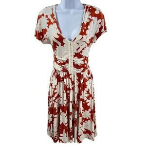 Anthropologie Maeve XS Summer Breeze Orange Off White Floral Dress Ruched Waist